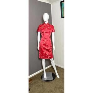 Vintage 1950's-60's Coral x Gold Satin Silk Cheongsam Dress S/M